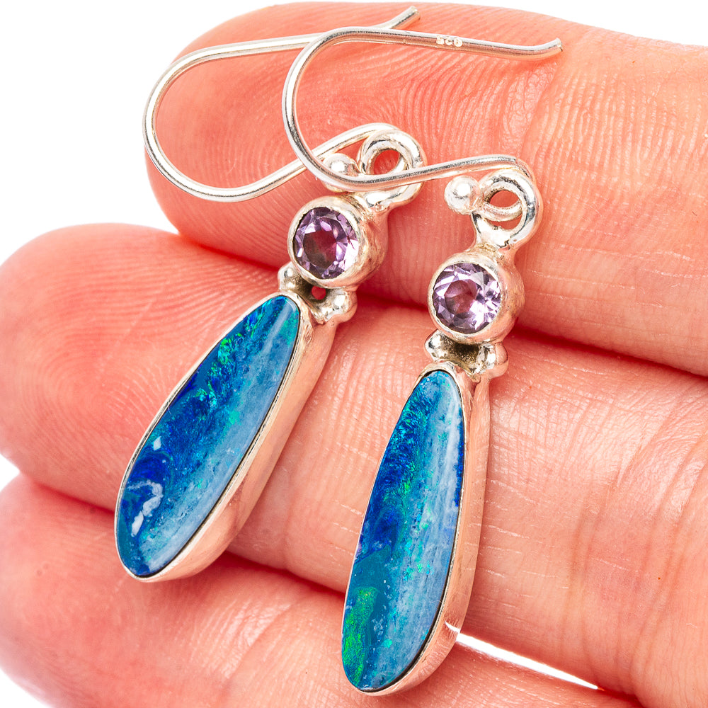 Sterling silver opal and amethyst drop earrings with teardrop blue-green doublets