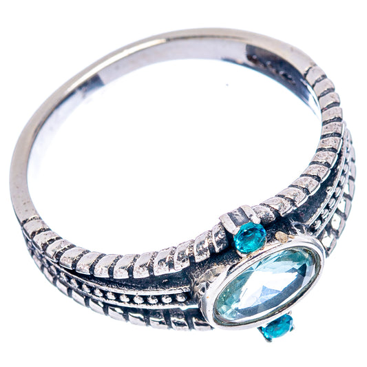 Oval blue topaz dainty ring in 925 sterling silver, textured band with blue stones