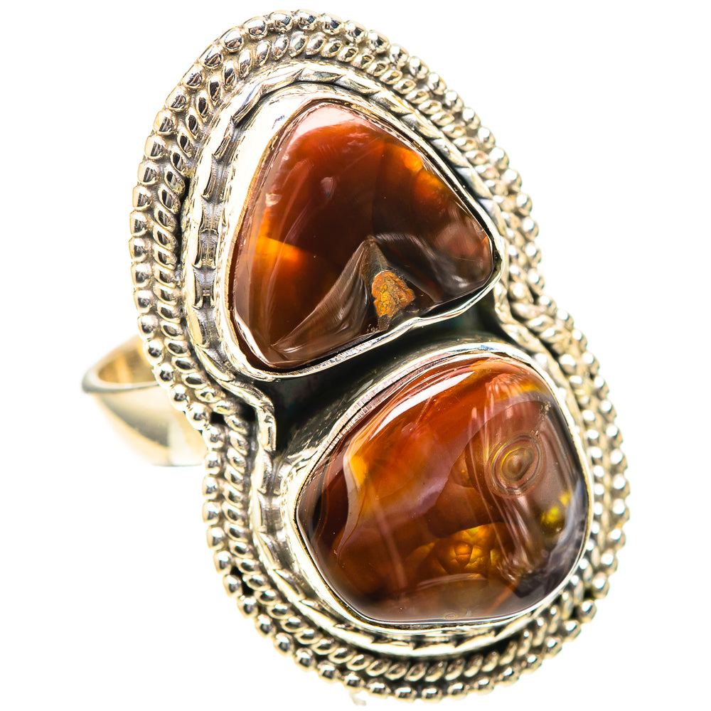 Silver teardrop agate ring with two stacked amber stones in scalloped rope bezel