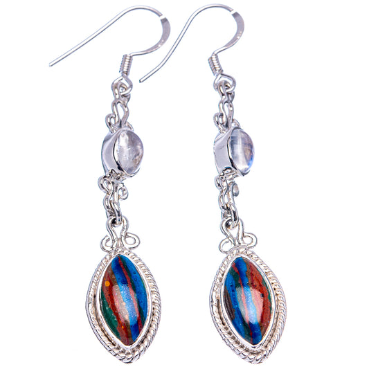 Sterling silver dangle earrings with oval rainbow iridescent stones and chain details