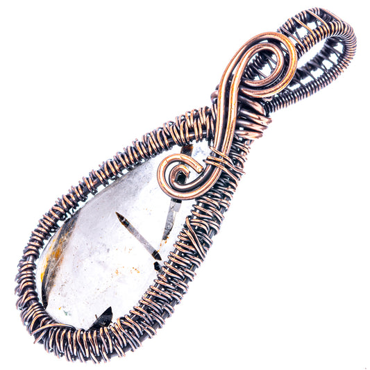Oxidized copper wire-wrap pendant, teardrop quartz with silver-toned face, loop bail