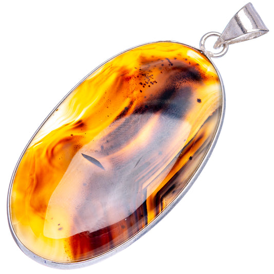 Silver-plated pendant necklace with oval Montana agate in yellow-orange and gray stripes