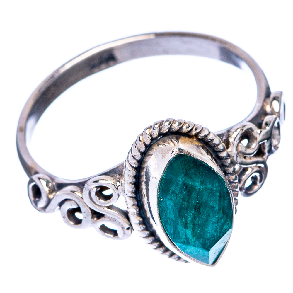 Sterling silver emerald-green teardrop ring, side view with carved openwork band