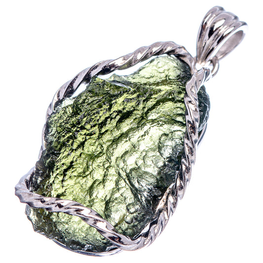 Moldavite pendant in .925 sterling silver bezel, vivid green teardrop stone
