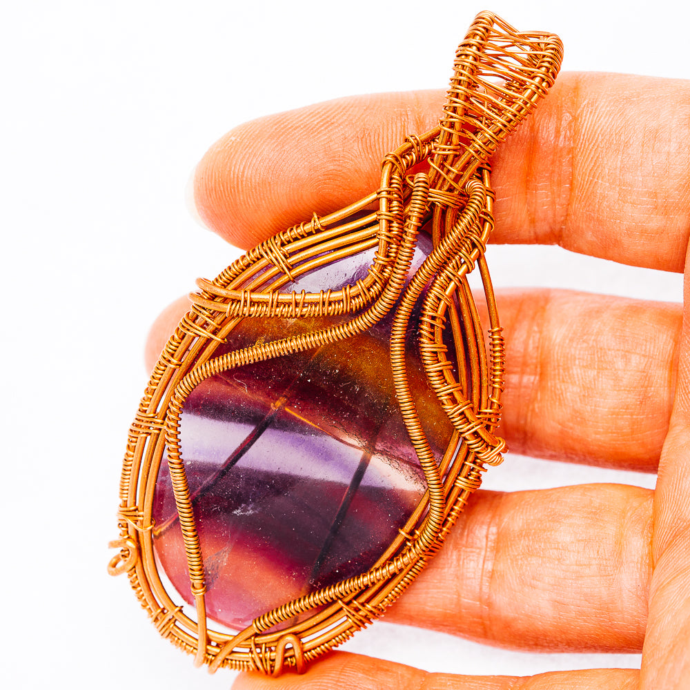Banded Fluorite Wire Wrap Pendant 3 1/8" (Copper)