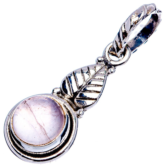 Sterling silver rose quartz pendant with round cabochon and ornate leaf-like bail