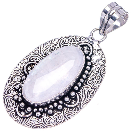 Rainbow moonstone pendant, large oval cabochon in ornate German-silver frame, bail up top