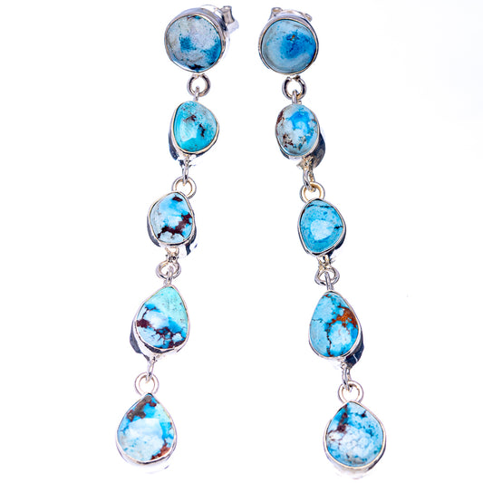 Sterling silver turquoise oval drop earrings with dangling cabochon links, pair