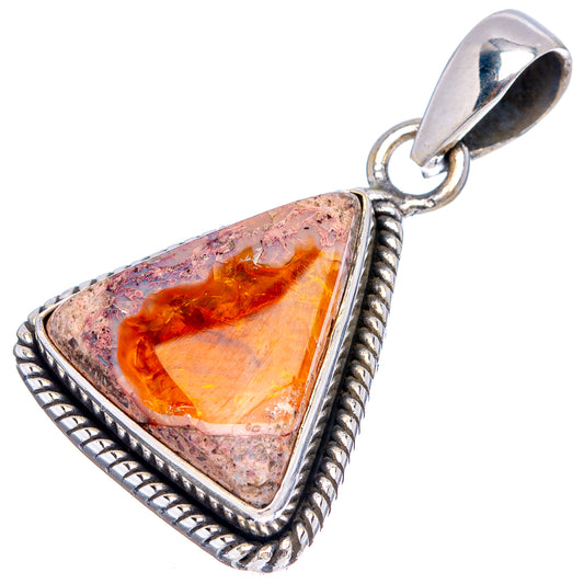 Sterling silver pendant with triangular orange opal, textured rope border and round bail.
