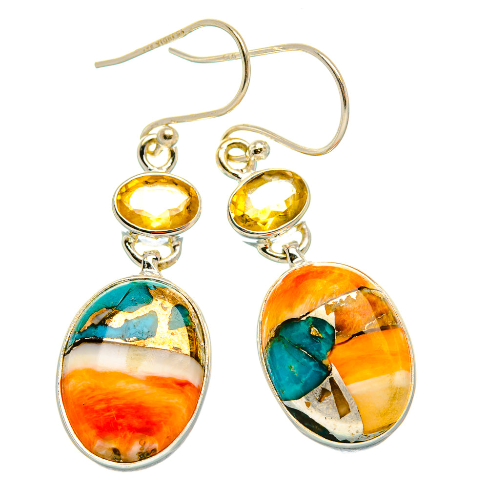 Spiny Oyster Turquoise, Citrine Earrings 1 3/4" (925 Sterling Silver) EARR432025