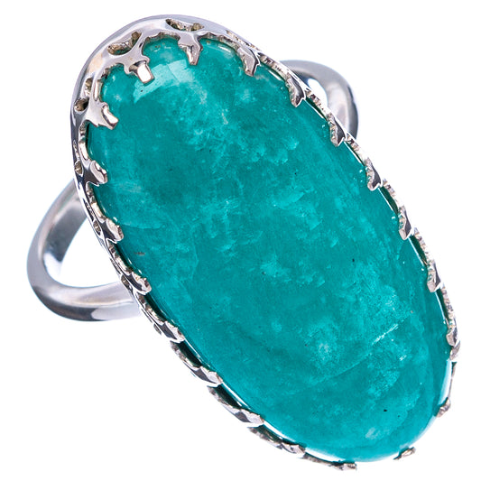 Amazonite oval ring in sterling silver with teal stone, decorative prong border and band