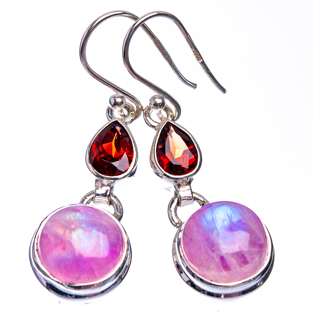 Pink Moonstone, Garnet Earrings 1 1/2" (925 Sterling Silver) E432392