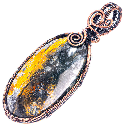 Oxidized copper wire-wrapped jasper teardrop pendant with spiral loops