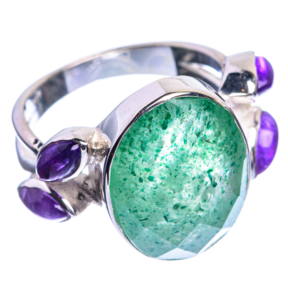 925 silver ring with green aventurine cabochon and round amethyst side stones