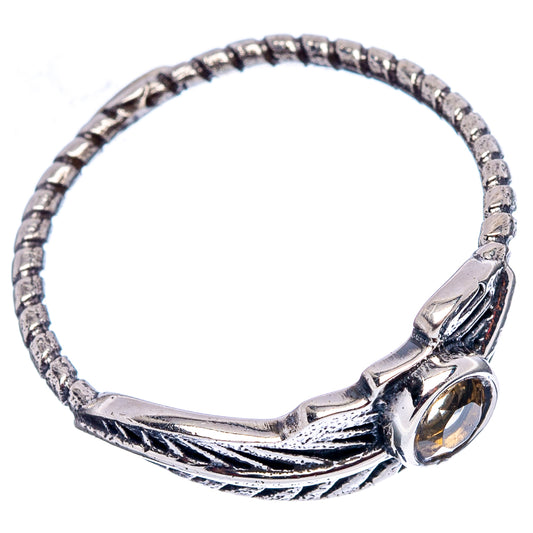Sterling silver feather band ring with bezel-set round citrine stone at front