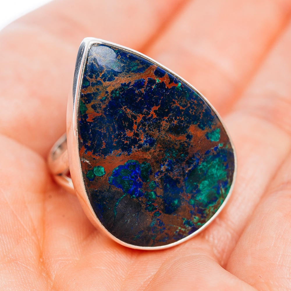 Sterling silver azurite ring, oval bezel set stone in blue-green matrix, size 7.5