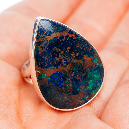 Sterling silver azurite ring, oval bezel set stone in blue-green matrix, size 7.5