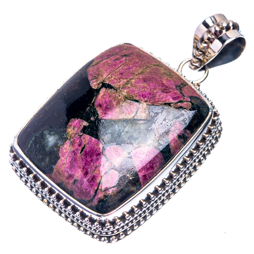 Rectangular Stichtite pendant with purple, gray and black stone, silver bead-edge bezel