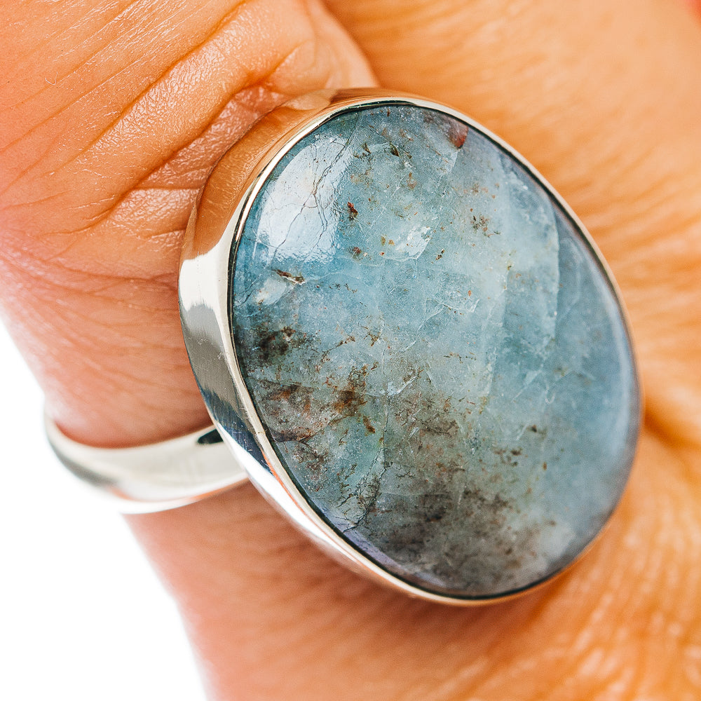 Aquamarine cabochon ring, size 9, German silver oval blue stone setting