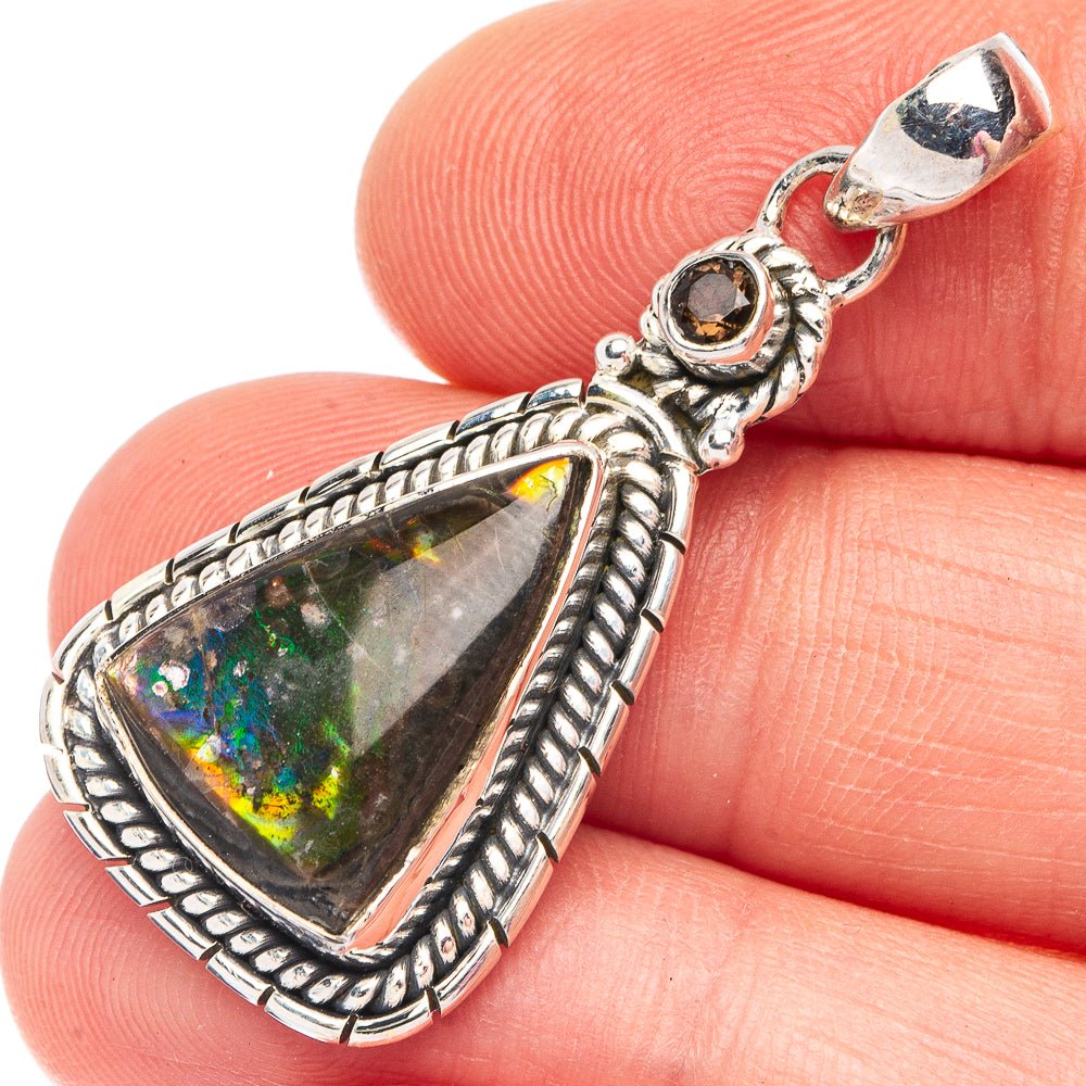Ammolite, Garnet 925 Sterling Silver Pendant 1 1/2" (925 Sterling Silver) P43683