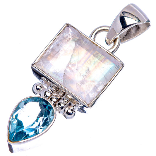 Sterling silver pendant with rectangular rainbow moonstone and blue topaz pear drop