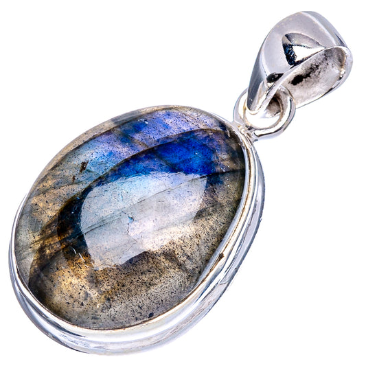 Oval labradorite gemstone pendant in .925 sterling silver bezel with top loop