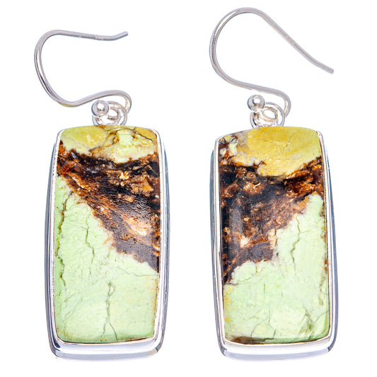 Sterling silver rectangular drop earrings with lemon-yellow green chrysoprase and black veining