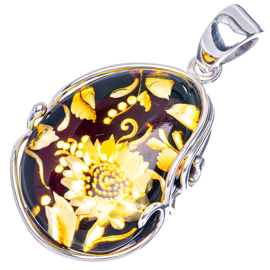Amber Intaglio Sunflower Pendant 1 5/8" (925 Sterling Silver) P42571