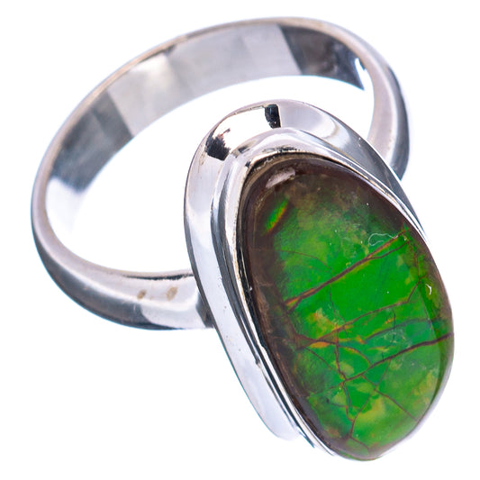 Side view of oval green ammolite cabochon in polished sterling silver ring, size 5
