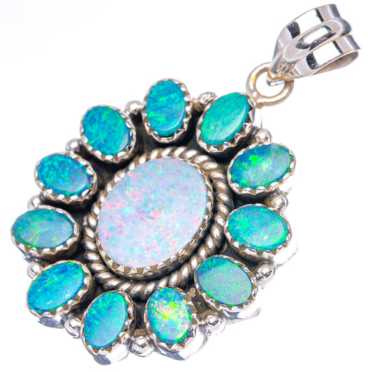 Sterling silver opal doublet pendant with round center opal and surrounding oval blue-green stones