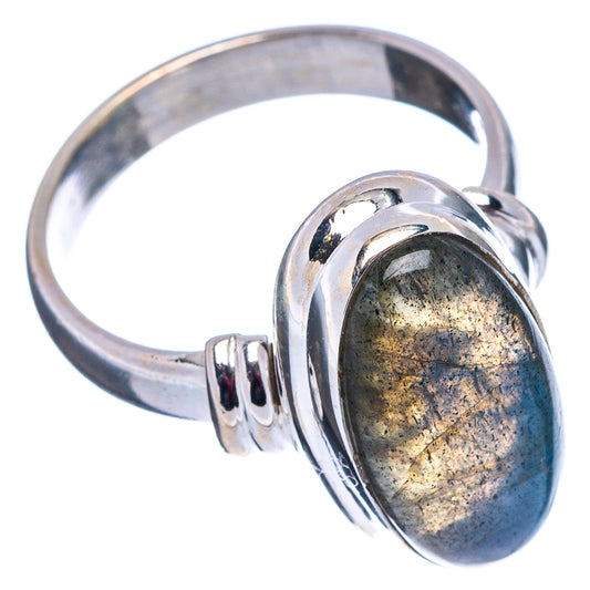 Oval labradorite cabochon set in sterling silver ring, side view, size 5.75