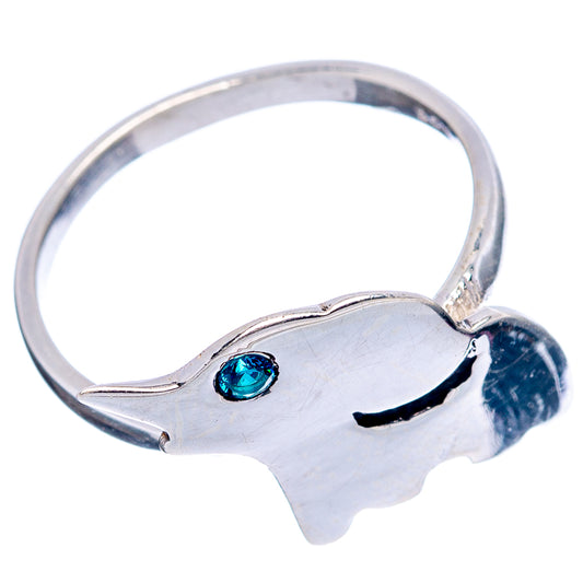 Sterling silver elephant dainty ring with blue cubic zirconia eye detail