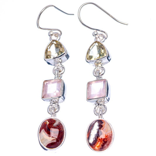 Sterling silver dangle earrings with yellow teardrop, pink square, and red mottled oval stones