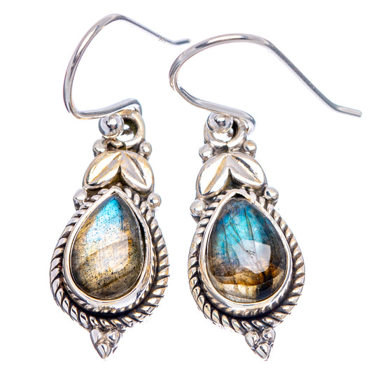 Sterling silver labradorite teardrop earrings, dangling ornate settings with blue stone flash