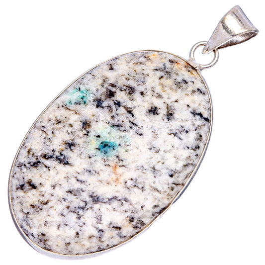 Silver-plated oval K2 Azurite pendant, wide oval face with teal specks and bail loop