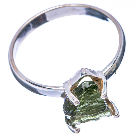 Sterling silver moldavite ring with dark green rough stone and V-shaped prongs on band