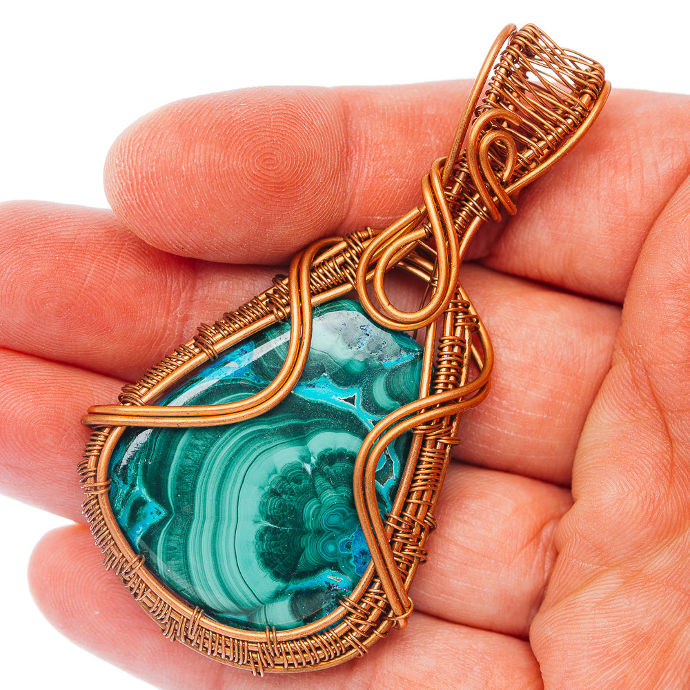 Malachite In Chrysocolla Wire Wrap Pendant 2 3/4" (Copper)