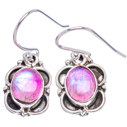 Pink moonstone oval earrings, .925 sterling silver with dangling French hooks