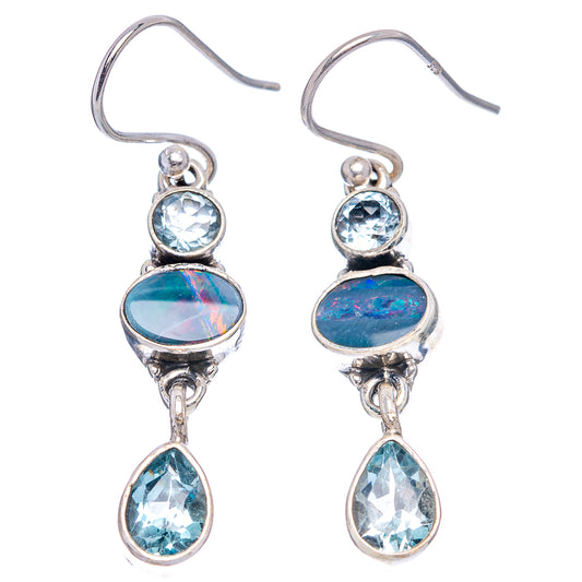 Sterling silver fishhook drop earrings with round blue topaz, oval opal, and teardrop stones