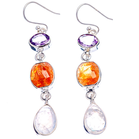 Sterling silver oval gemstone drop earrings with purple top, orange middle, and white bottom
