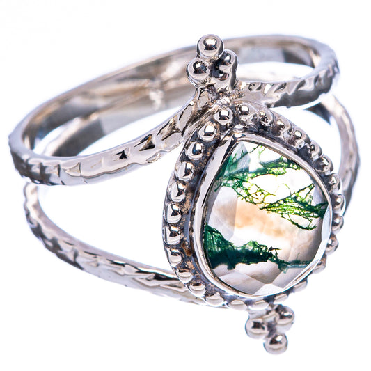 925 sterling silver moss agate ring with ornate bezel and green teardrop stone