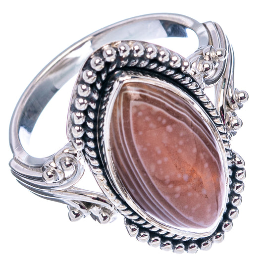Sterling silver Botswana agate ring with ornate beaded setting and oval stone