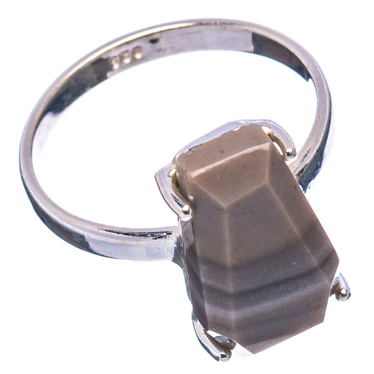 Sterling silver flint ring with dark striped stone in rectangular bezel, size 8.75