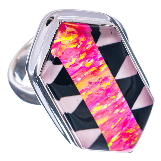 925 sterling silver opal ring, size 5.75, faceted pink-yellow iridescent stone with black checks