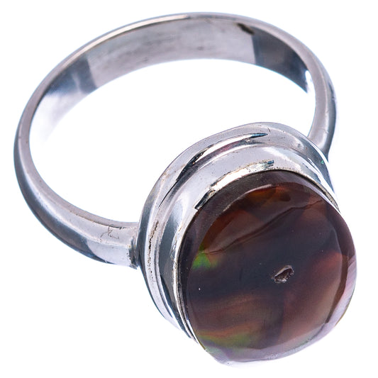 Sterling silver ring with round fire agate cabochon, dark brown-red iridescence