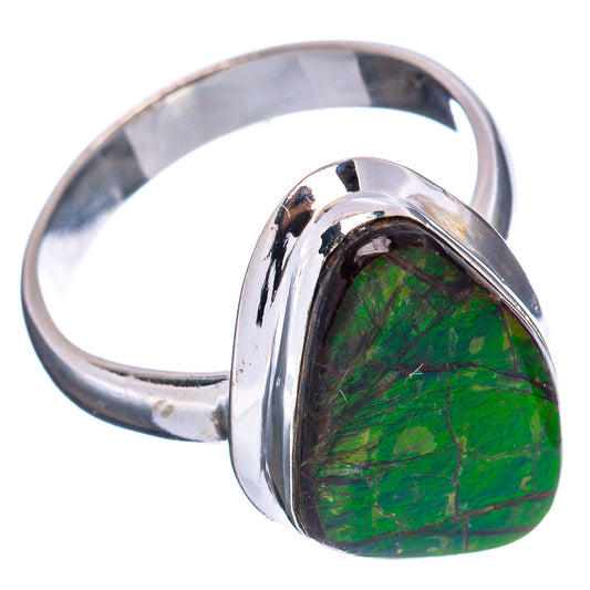 Sterling silver ring with green ammolite teardrop gemstone, side view