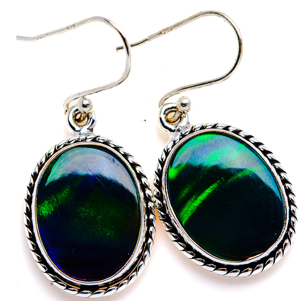 Sterling silver oval opal drop earrings, green-blue iridescent stones on hook