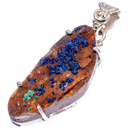 Azurite crystal pendant with ornate .925 sterling silver bail, blue druzy on brown stone