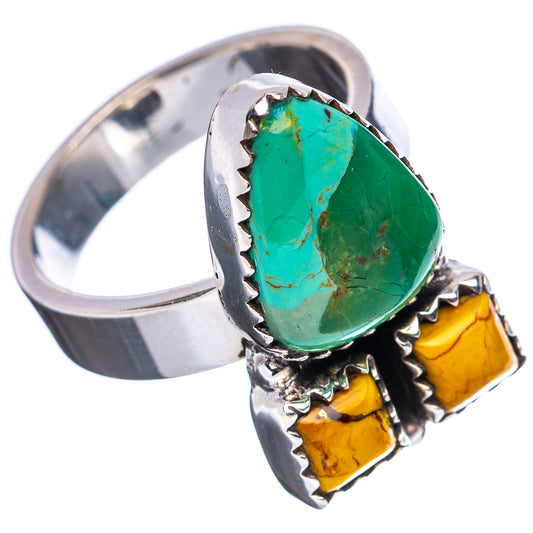 Sterling silver adjustable ring with green oval turquoise center and two yellow side stones