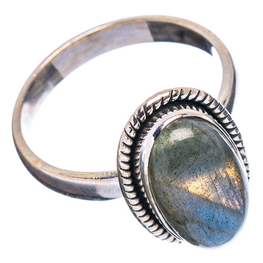 Sterling silver ring with oval labradorite stone and beaded edge, side view